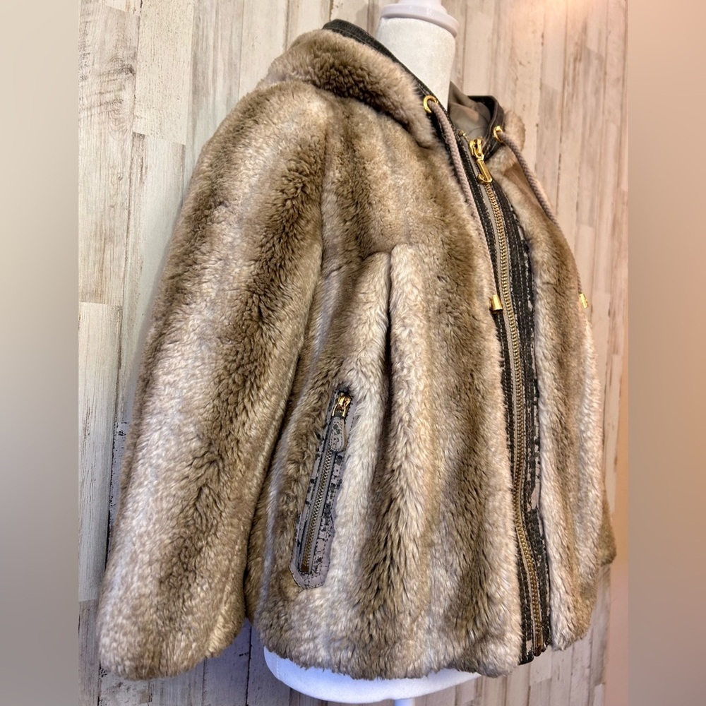 Juicy Couture Faux Fur Pleated Swing Jacket Y2K Brown Gold J Zip Size S - Picture 3 of 11